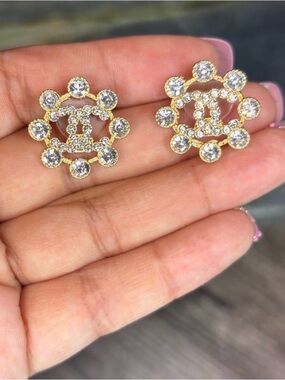 Gold-Tone Crystal Zirconia Logo Cluster Stud Small Earrings - Women Jewelry